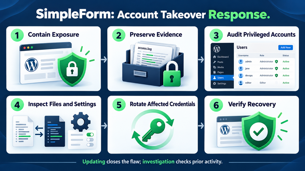 WordPress incident response checklist for investigating unauthorized Administrator accounts after the SimpleForm vulnerability.