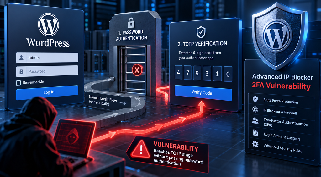 Advanced IP Blocker vulnerability illustrating a WordPress password verification bypass and exposed TOTP authentication stage.