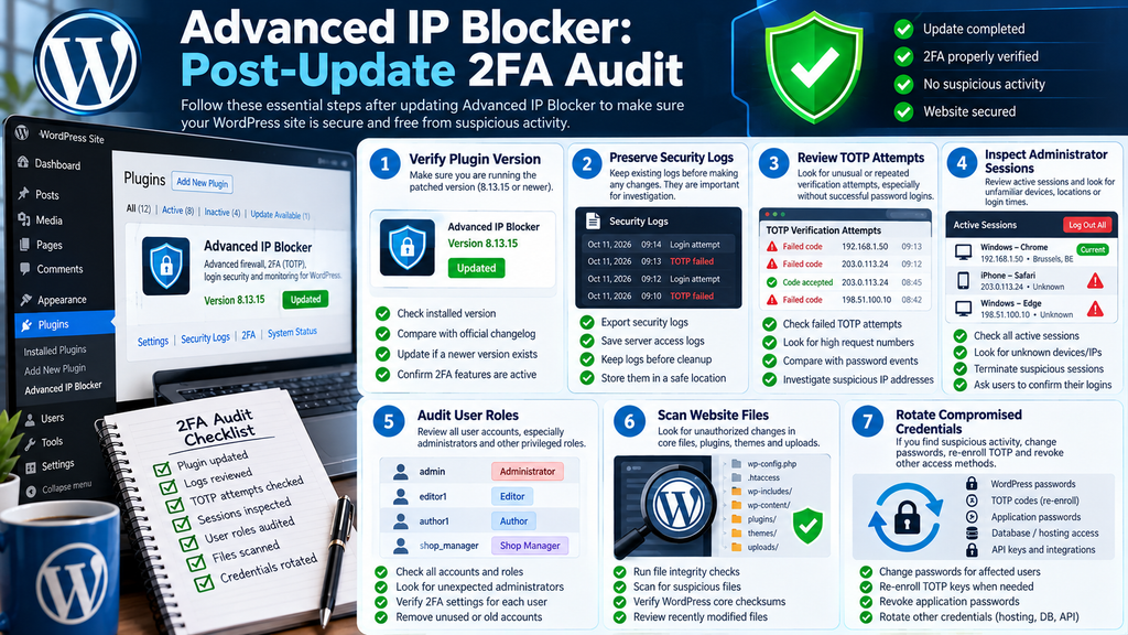 WordPress security checklist for updating Advanced IP Blocker and investigating TOTP attempts, administrator sessions, and account changes.
