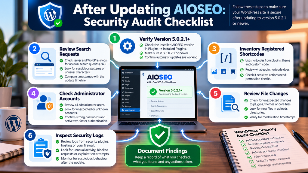 WordPress security audit checklist for administrators after updating AIOSEO to version 5.0.2.1 or later. AIOSEO WordPress Security Audit Checklist