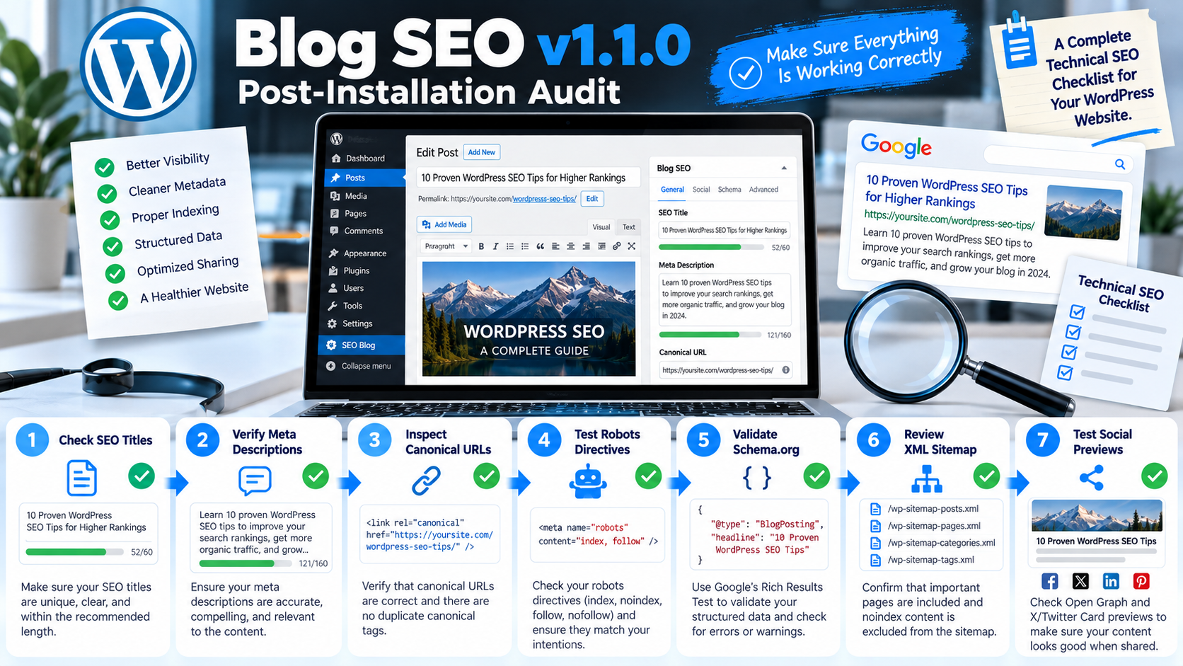Blog SEO v1.1.0 technical SEO checklist covering metadata, canonical URLs, structured data, and sitemap validation.