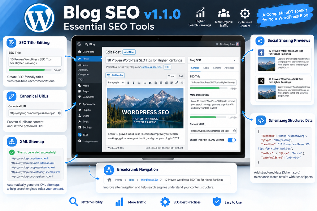 Suggested alt text: Blog SEO v1.1.0 WordPress plugin features for metadata, structured data, breadcrumbs, and XML sitemaps.