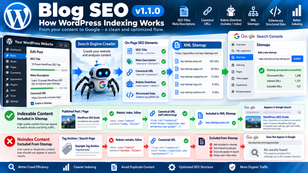 Suggested alt text: WordPress sitemap indexing workflow showing canonical URLs, noindex rules, and Google Search Console.