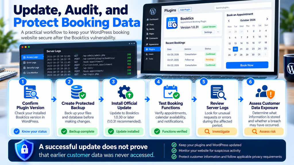 Six-stage WordPress Booktics security workflow showing version verification, backup, update, booking tests, log auditing, and customer data assessment.