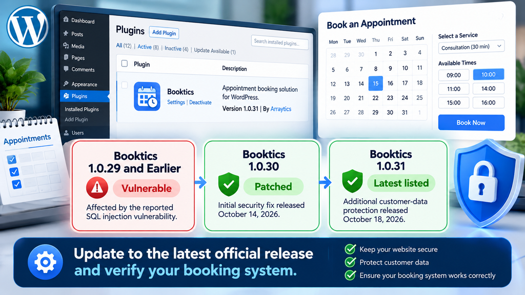 Booktics WordPress security infographic comparing vulnerable version 1.0.29 with patched releases 1.0.30 and 1.0.31.