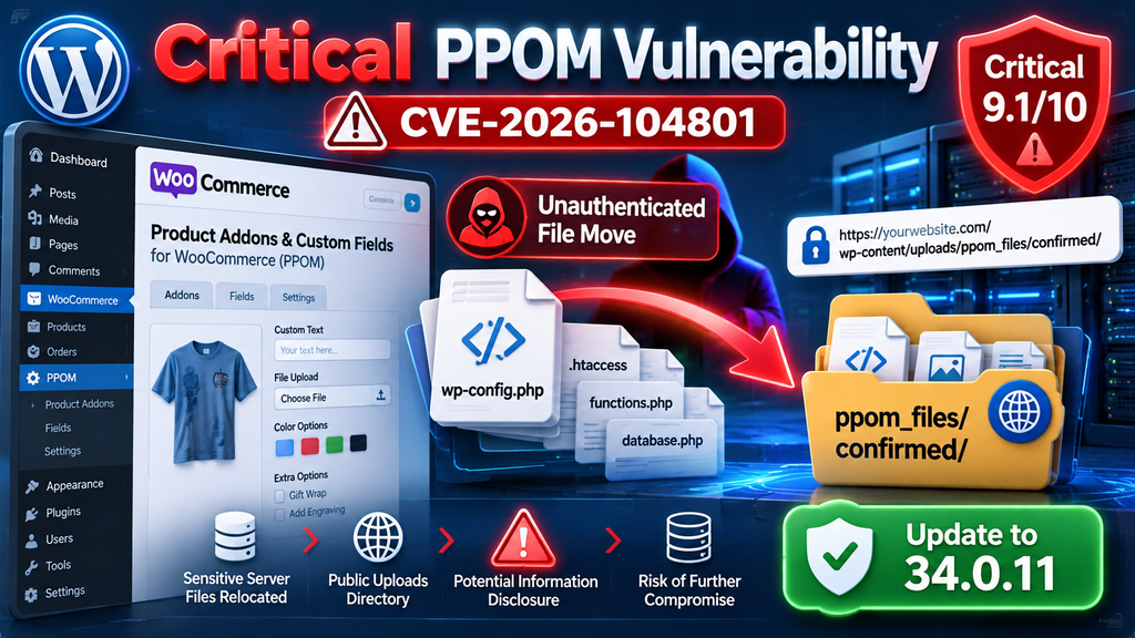 Critical PPOM vulnerability CVE-2026-104801 showing sensitive WordPress files relocated into a public uploads directory.