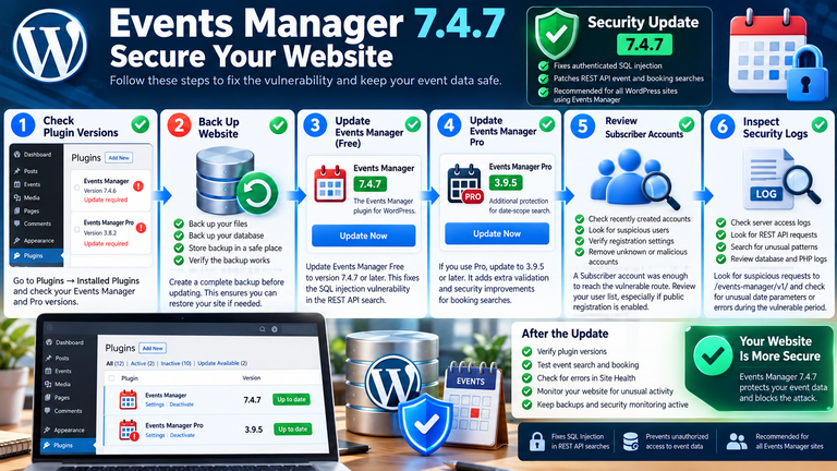 Alt text: WordPress Events Manager 7.4.7 security update checklist for plugin updates, user audits, and log reviews.