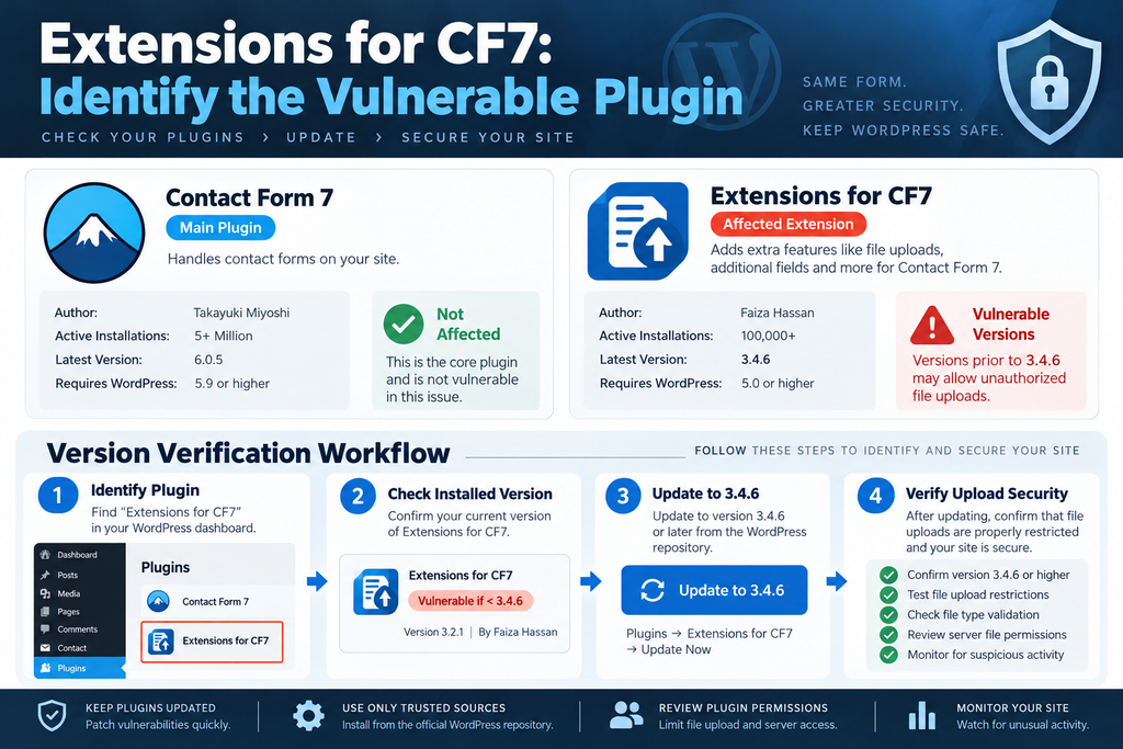 WordPress Plugin Security Verification Workflow. WordPress security infographic distinguishing Contact Form 7 from Extensions for CF7 and showing plugin update verification.