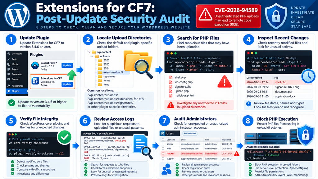 WordPress security checklist showing how to investigate suspicious PHP uploads and audit a website after updating Extensions for CF7.