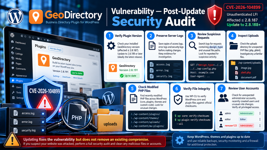 GeoDirectory vulnerability security audit checklist covering plugin updates, access logs, uploads, PHP files, and user accounts.