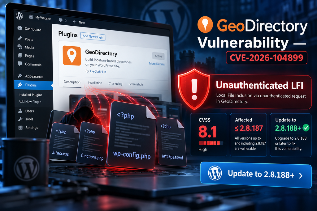 GeoDirectory WordPress vulnerability CVE-2026-104899 showing PHP local file inclusion risk and security update.