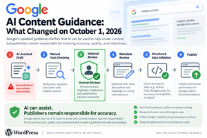 Google AI content guidelines workflow showing manual fact-checking and editorial review before WordPress publication.