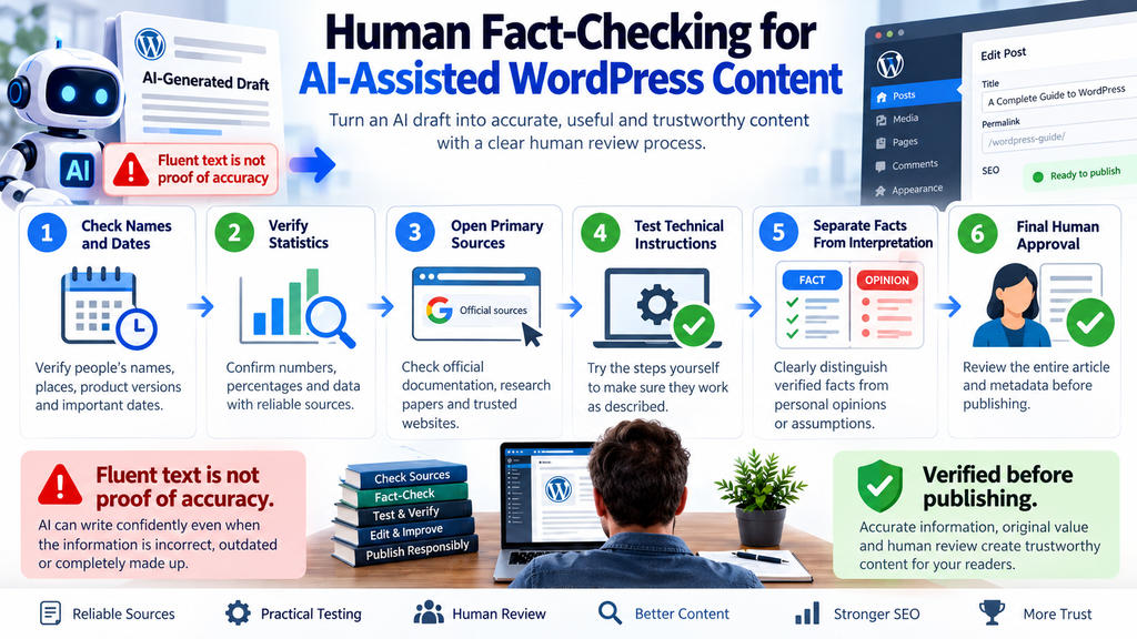 Human fact-checking workflow for verifying AI-assisted WordPress articles before publication.