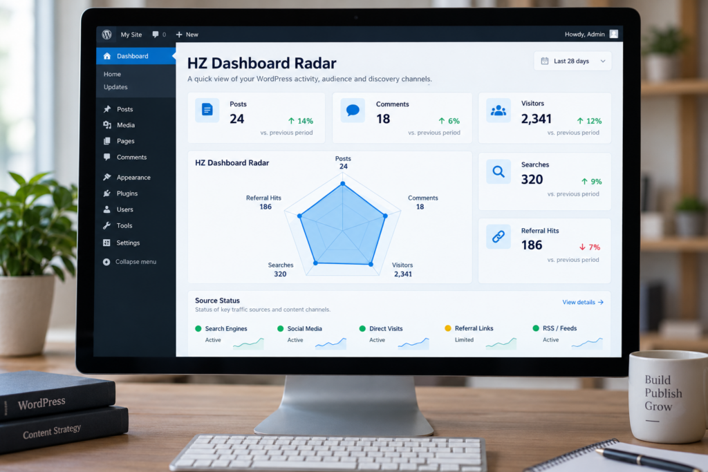 HZ Dashboard Radar displaying WordPress posts, comments, visitors, searches, and referral statistics