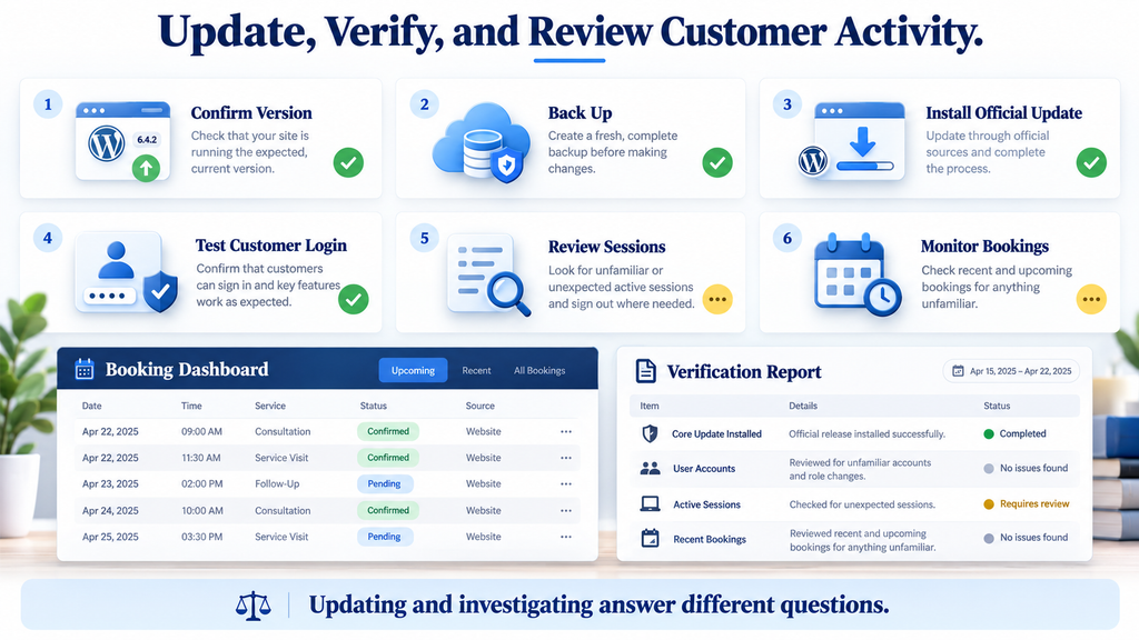 Checklist for updating LatePoint and reviewing customer login sessions and booking activity.