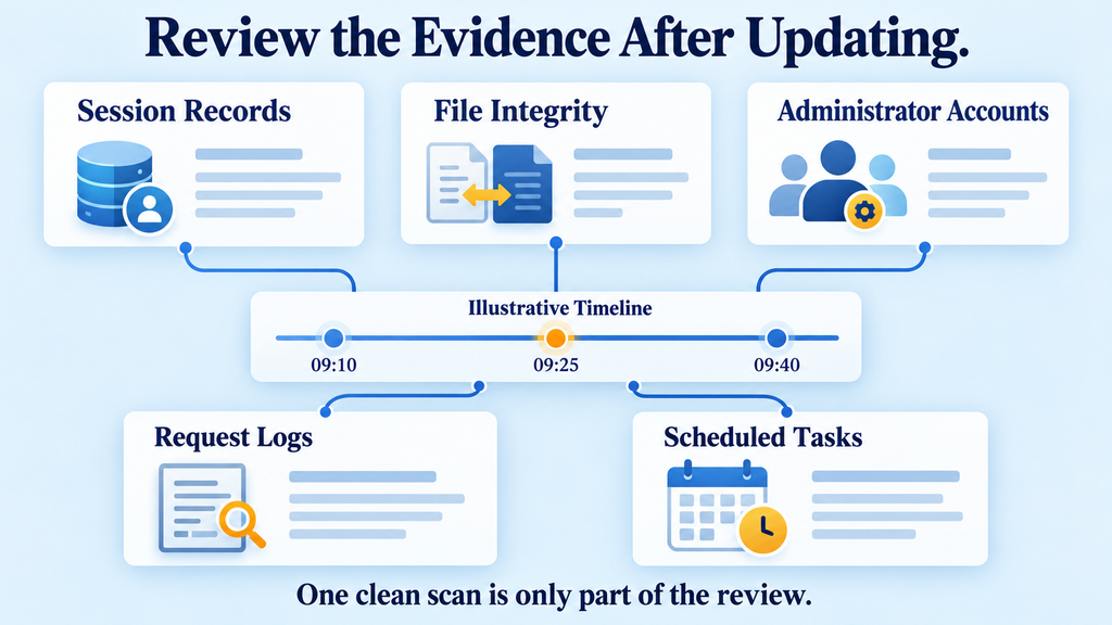 LearnPress security audit connecting session records, file integrity, user accounts, logs, and scheduled tasks.