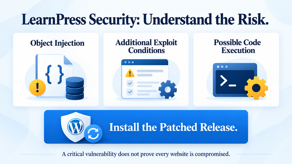 LearnPress security illustration distinguishing object injection from possible code execution and recommending an update.