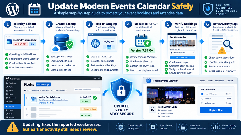 Six-step Modern Events Calendar security update process covering backup, installation, booking verification, and log review.