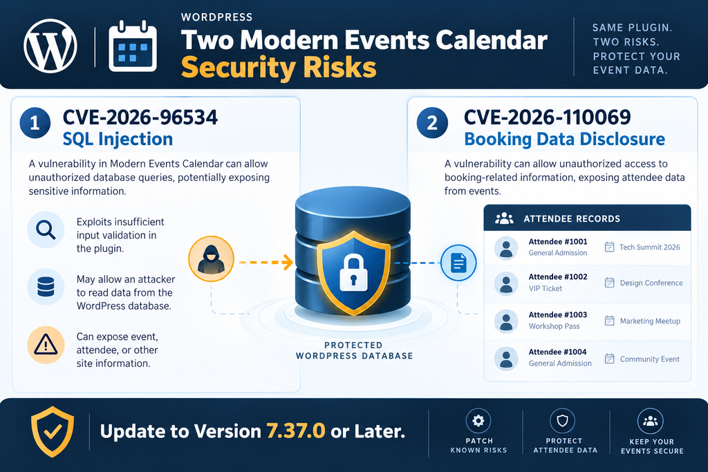 Comparison of Modern Events Calendar SQL injection and booking data disclosure vulnerabilities.