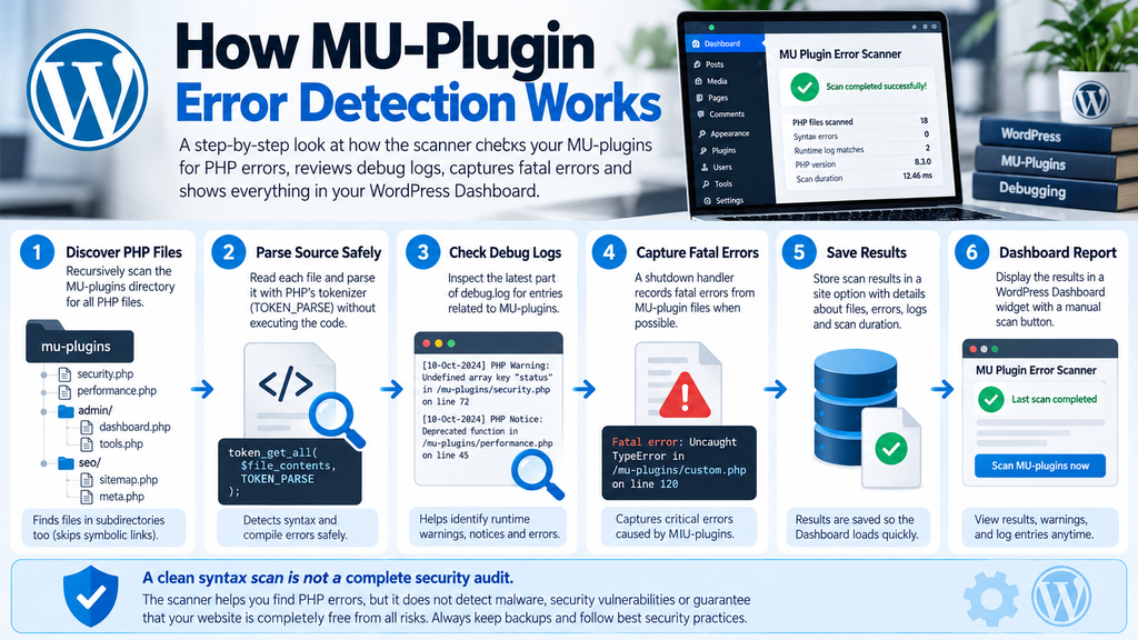 Flowchart showing automatic PHP syntax checking, log inspection, and WordPress Dashboard reporting.