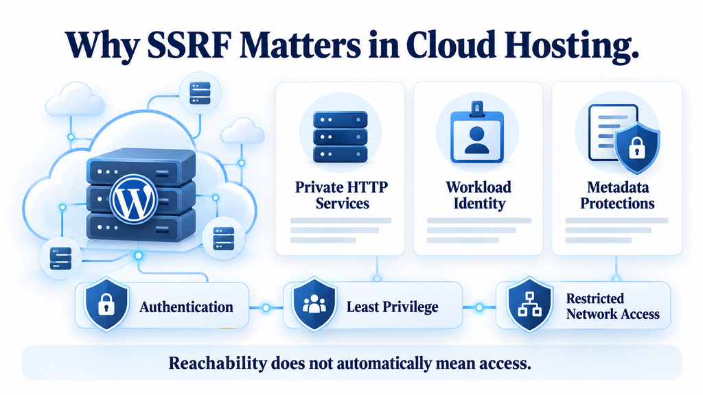 Cloud hosting illustration showing internal services, workload identity, and protections relevant to SSRF risk.