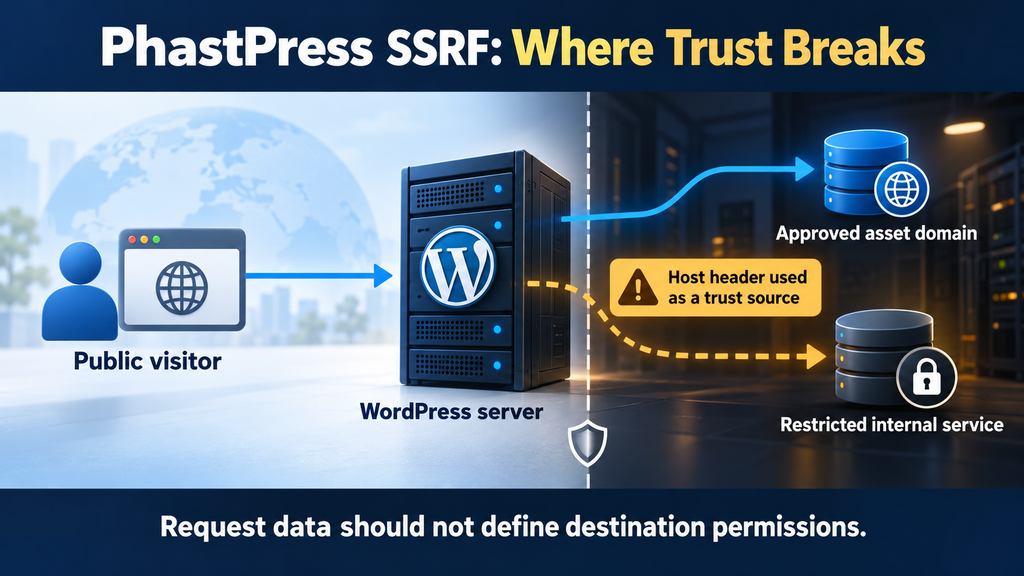 Illustration explaining how trusting an incoming Host header can weaken destination checks in an SSRF vulnerability.