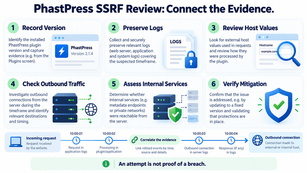 Checklist for reviewing PhastPress versions, incoming requests, outbound traffic, and mitigation evidence.
