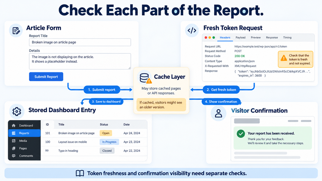 Troubleshooting illustration separating the article form, token request, stored report, and visitor confirmation.
