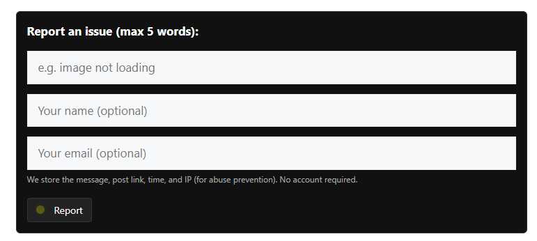 Illustrative WordPress article reporting form with a short issue message and administrator report preview.