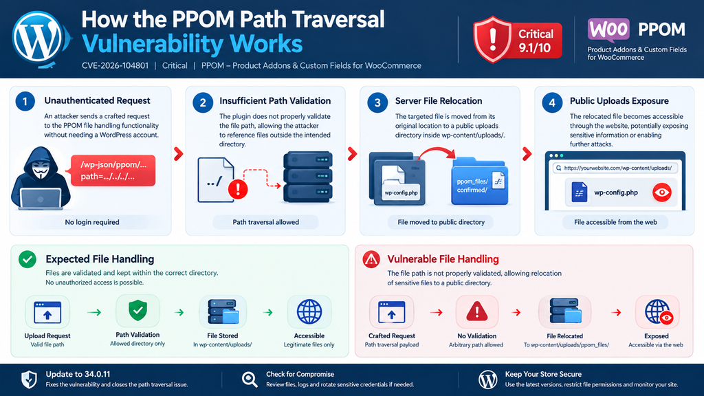 Diagram explaining how the PPOM path traversal vulnerability can move protected WordPress server files into a public directory.