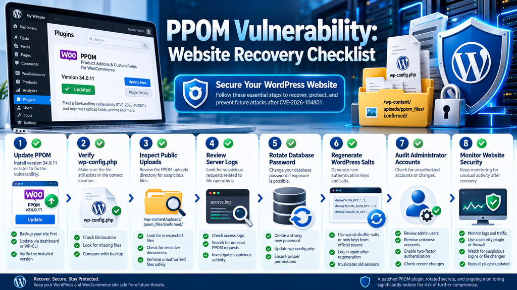 WordPress PPOM vulnerability recovery checklist covering plugin updates, server file audits, database password rotation, and security monitoring.