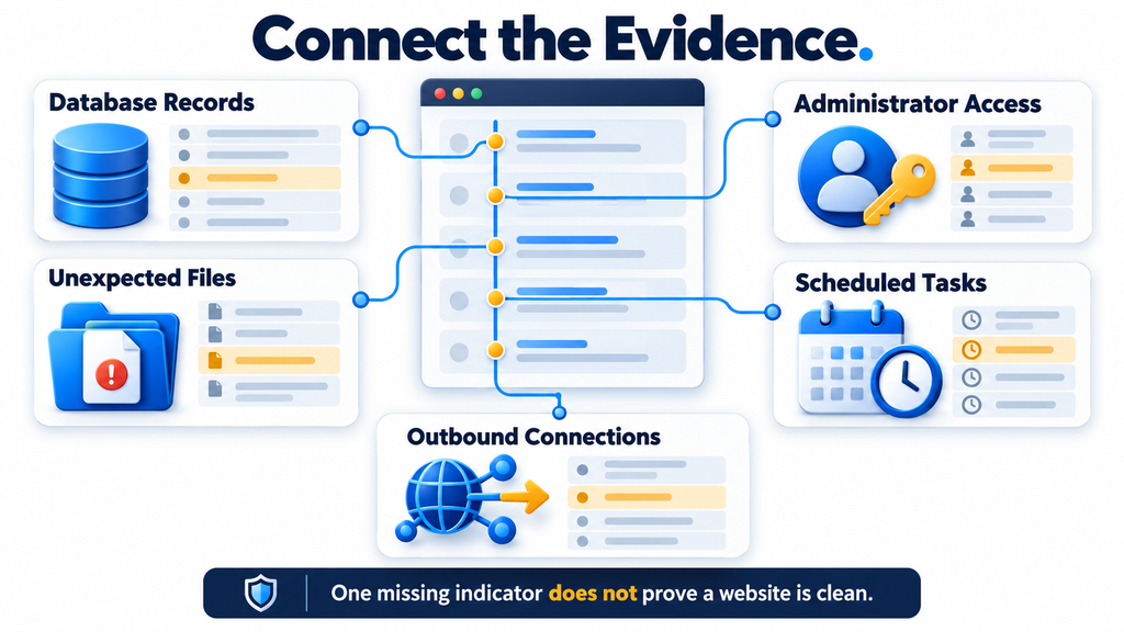 WordPress investigation panels connecting database records, accounts, files, scheduled tasks, and network evidence.