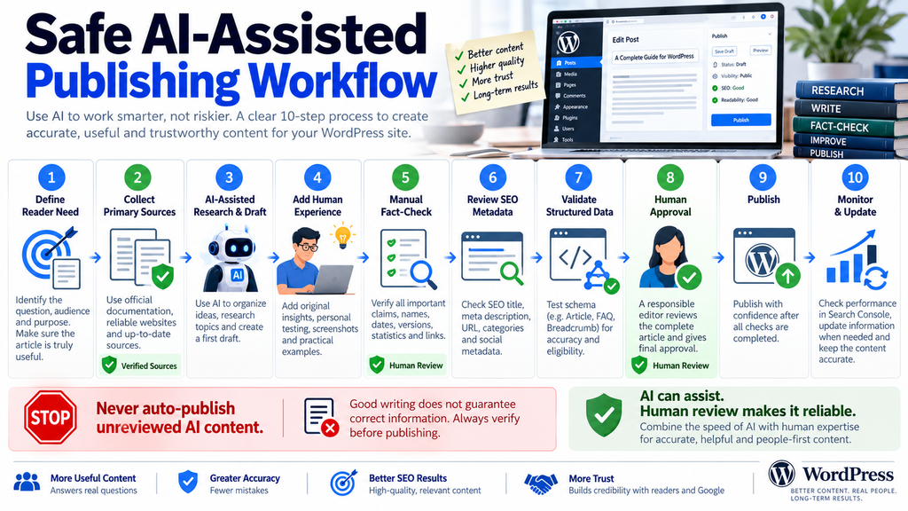 Safe AI-assisted WordPress publishing workflow with source verification, human fact-checking, SEO review, and final approval.