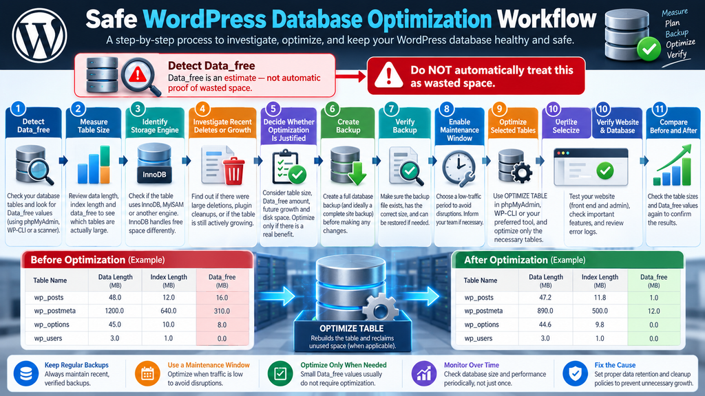 Safe WordPress database optimization workflow from Data_free analysis through backup verification and post-maintenance testing.