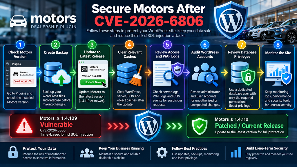 Steps to secure the Motors WordPress plugin after CVE-2026-6806 and review database security.