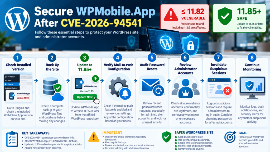 WordPress security remediation workflow for protecting WPMobile.App installations from CVE-2026-94541.