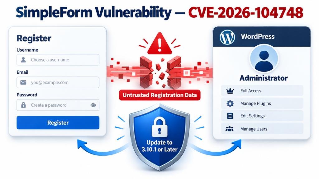SimpleForm vulnerability illustrating how unsafe registration metadata can lead to unauthorized WordPress Administrator creation.