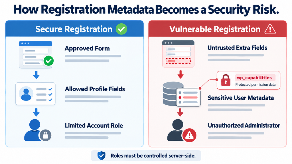Secure and vulnerable registration workflows showing why WordPress capabilities metadata must remain protected.