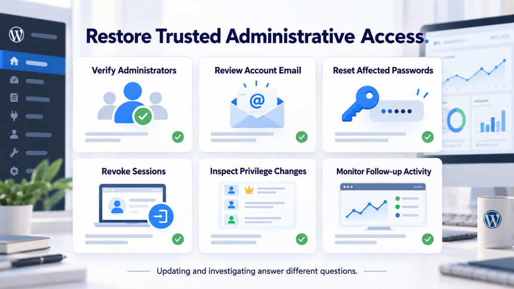 Administrator security checklist covering passwords, sessions, account ownership, privilege changes, and follow-up monitoring.