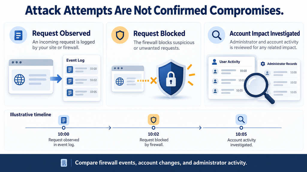 Security infographic explaining the difference between observed attack attempts, blocked requests, and confirmed account impact.