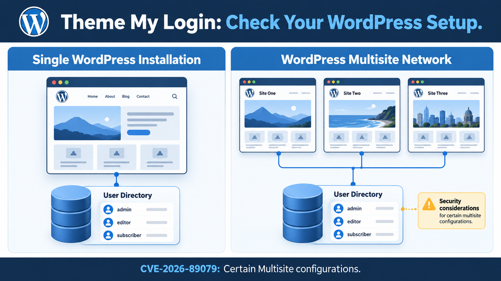 Illustration distinguishing a single WordPress installation from a Multisite network during the Theme My Login security alert.