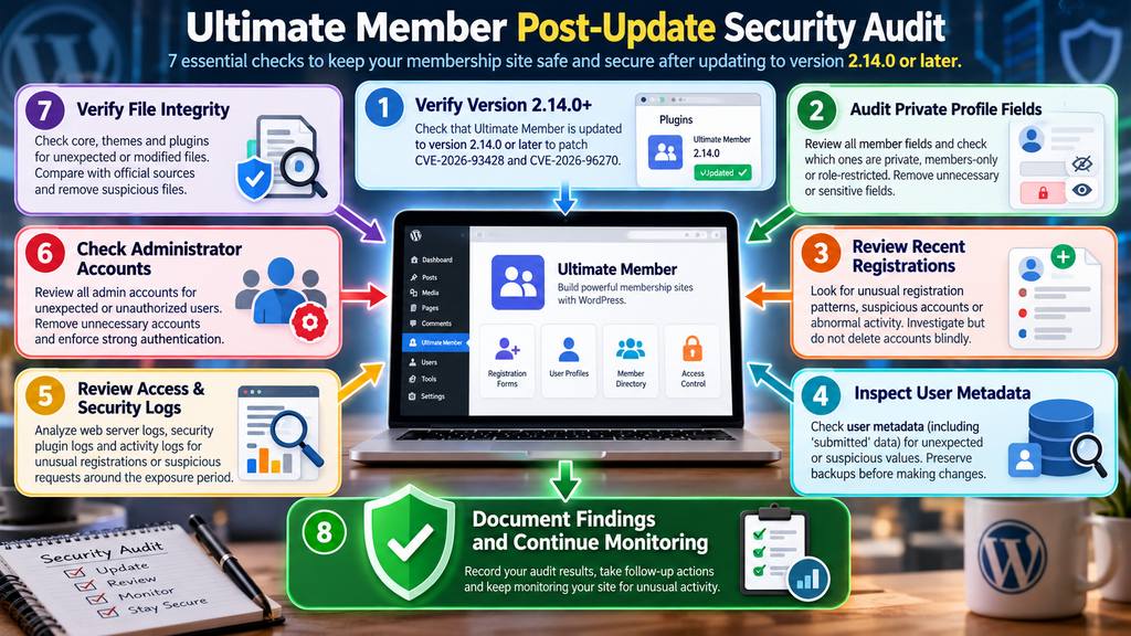 Ultimate Member security audit checklist after updating WordPress to the patched plugin version. Ultimate Member Security Audit Infographic