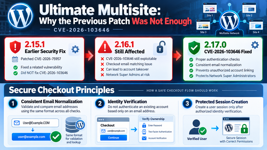 Ultimate Multisite security version comparison showing why 2.15.1 and 2.16.1 remain vulnerable and why 2.17.0 is required.