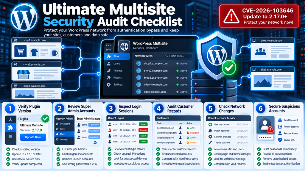WordPress Ultimate Multisite security checklist covering plugin updates, Super Administrator sessions, customer records, and network auditing.
