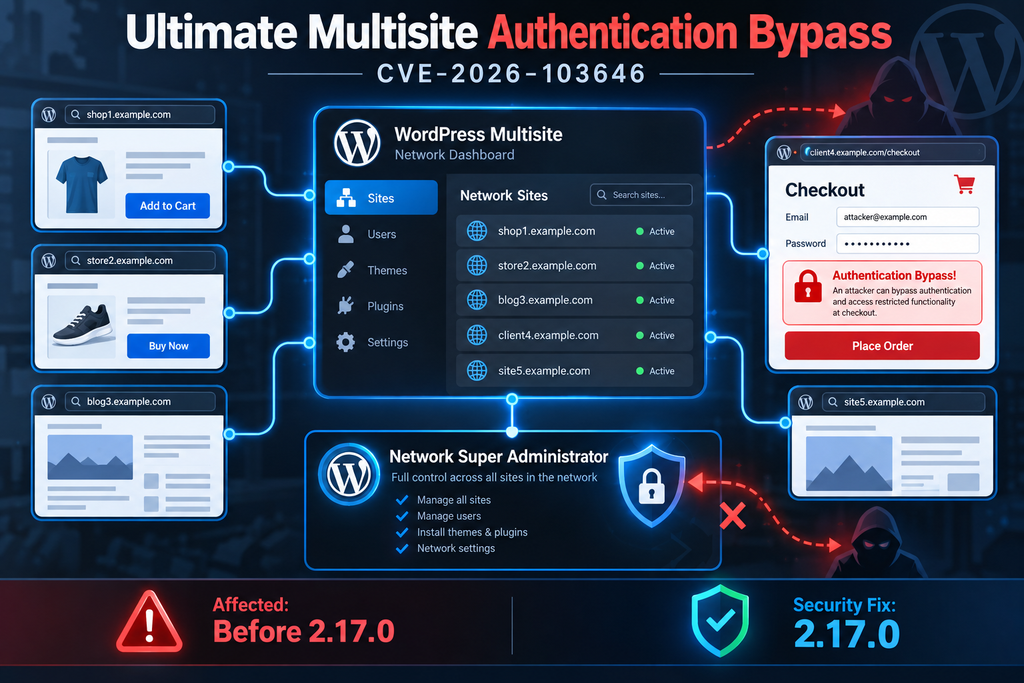 Ultimate Multisite vulnerability CVE-2026-103646 showing checkout authentication bypass and Network Super Administrator security risks.