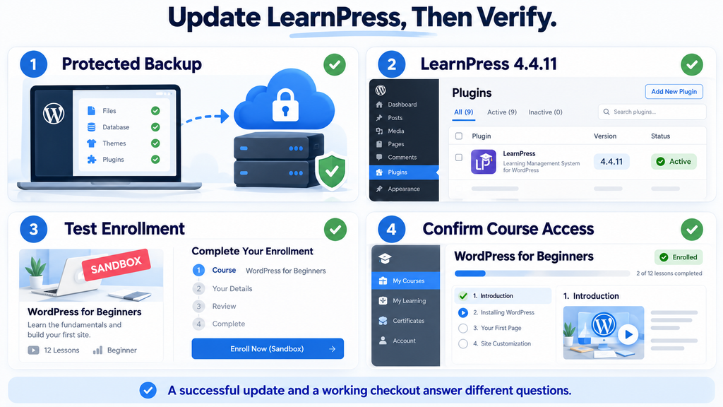 LearnPress update workflow showing a backup, patched version, test enrollment, and verified course access.