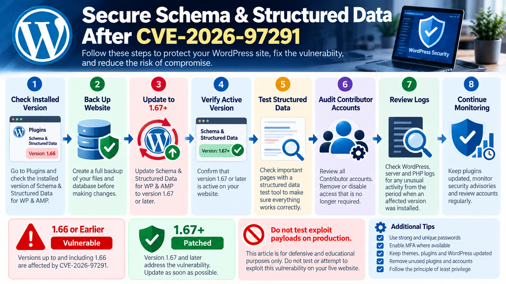 Defensive workflow for updating Schema & Structured Data for WP & AMP to version 1.67 after CVE-2026-97291.
