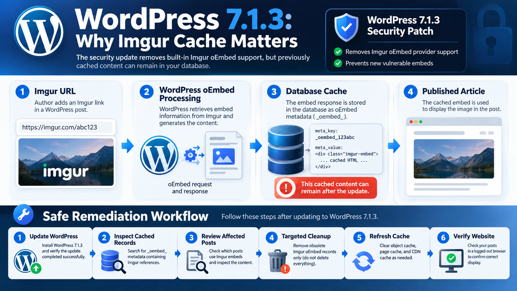 WordPress 7.1.3 Imgur oEmbed security infographic explaining persistent cached content and safe cleanup steps.