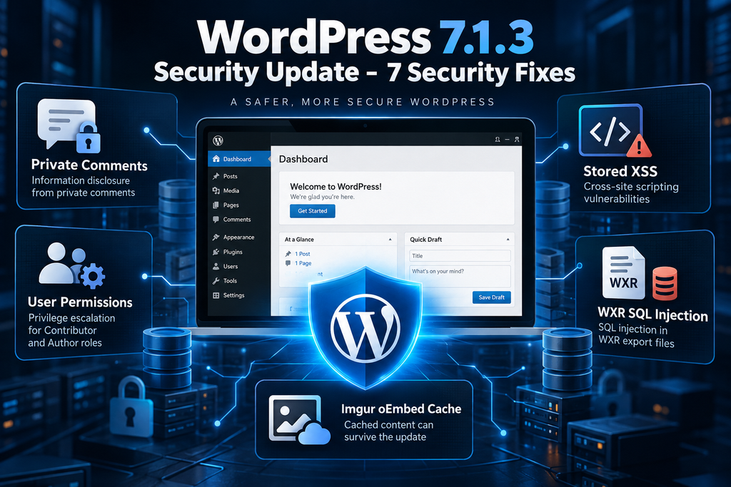 WordPress 7.1.3 security update showing seven fixes involving comments, user permissions, WXR exports, and Imgur embeds. WordPress 7.1.3 Security Update Infographic.