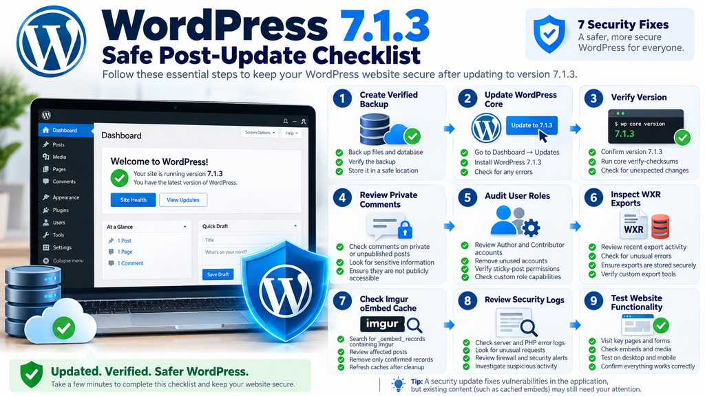 WordPress 7.1.3 post-update security checklist covering backups, private comments, user permissions, WXR exports, and Imgur cache.